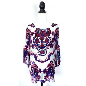 Hale Bob Silk Chiffon Velvet Burnout Blue Orange Kimono Tunic Top Size Small